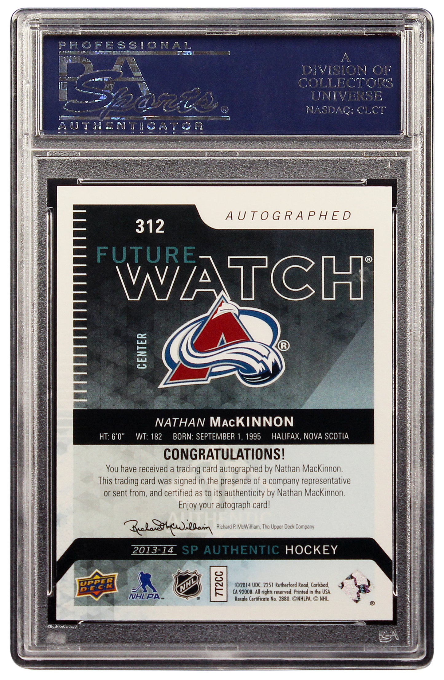 2013 Nathan Mackinnon Upper Deck SP Authentic Future Watch RC Rookie Auto /999 #312 PSA 10 Gem Mint