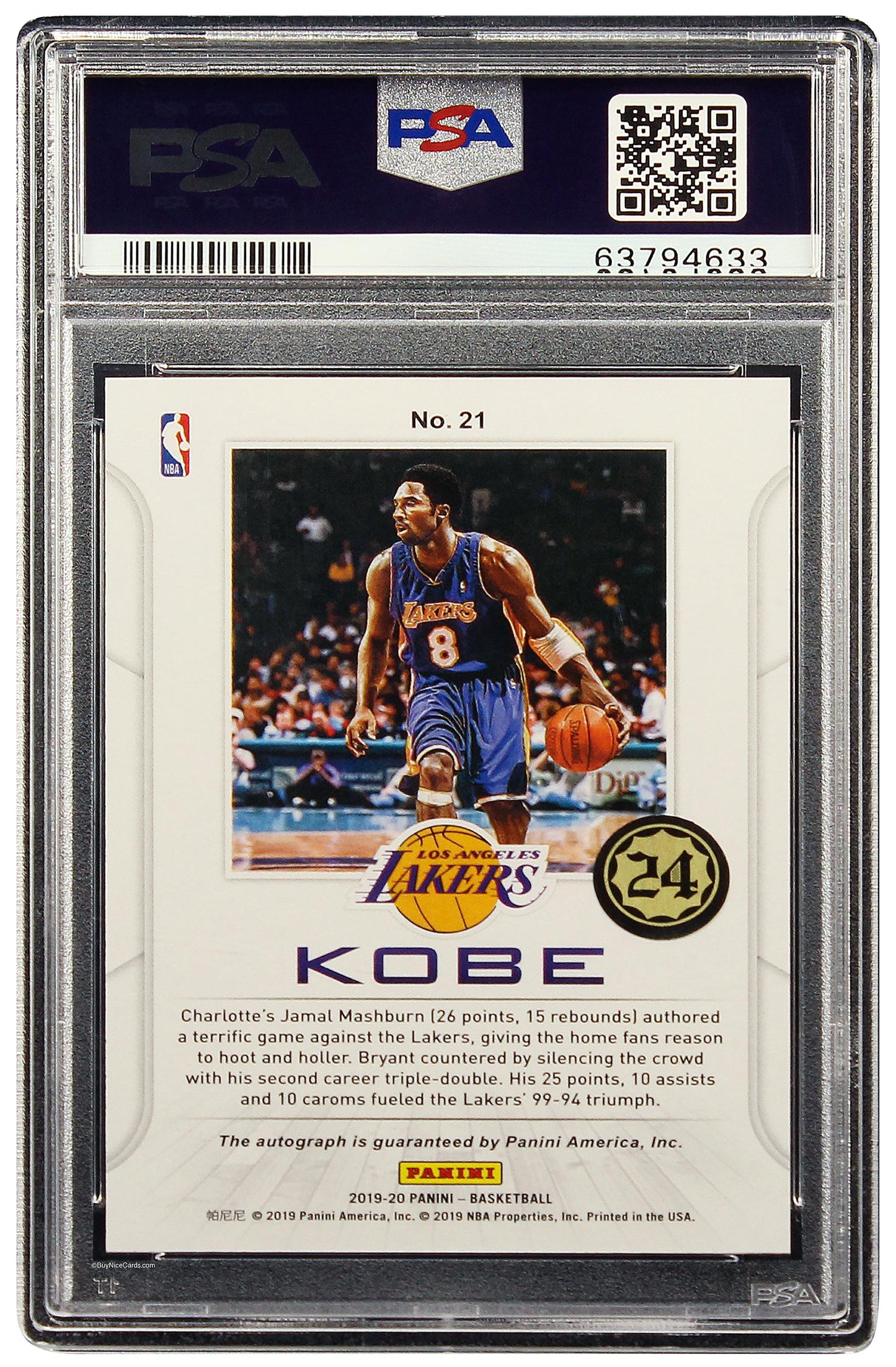 2019 Kobe Bryant Panini Contenders 2/26/2001 on Card Auto #21 PSA 10 Gem Mint Pop 2