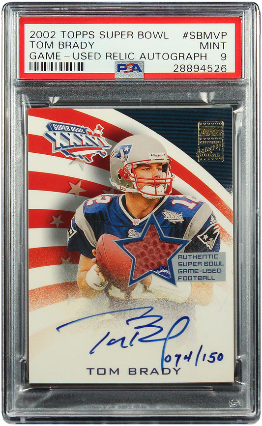 2002 Tom Brady Topps Super Bowl Game Used Relic SP Auto /150 #SBMVP PSA 9 Mint Pop 3 with 1 Higher