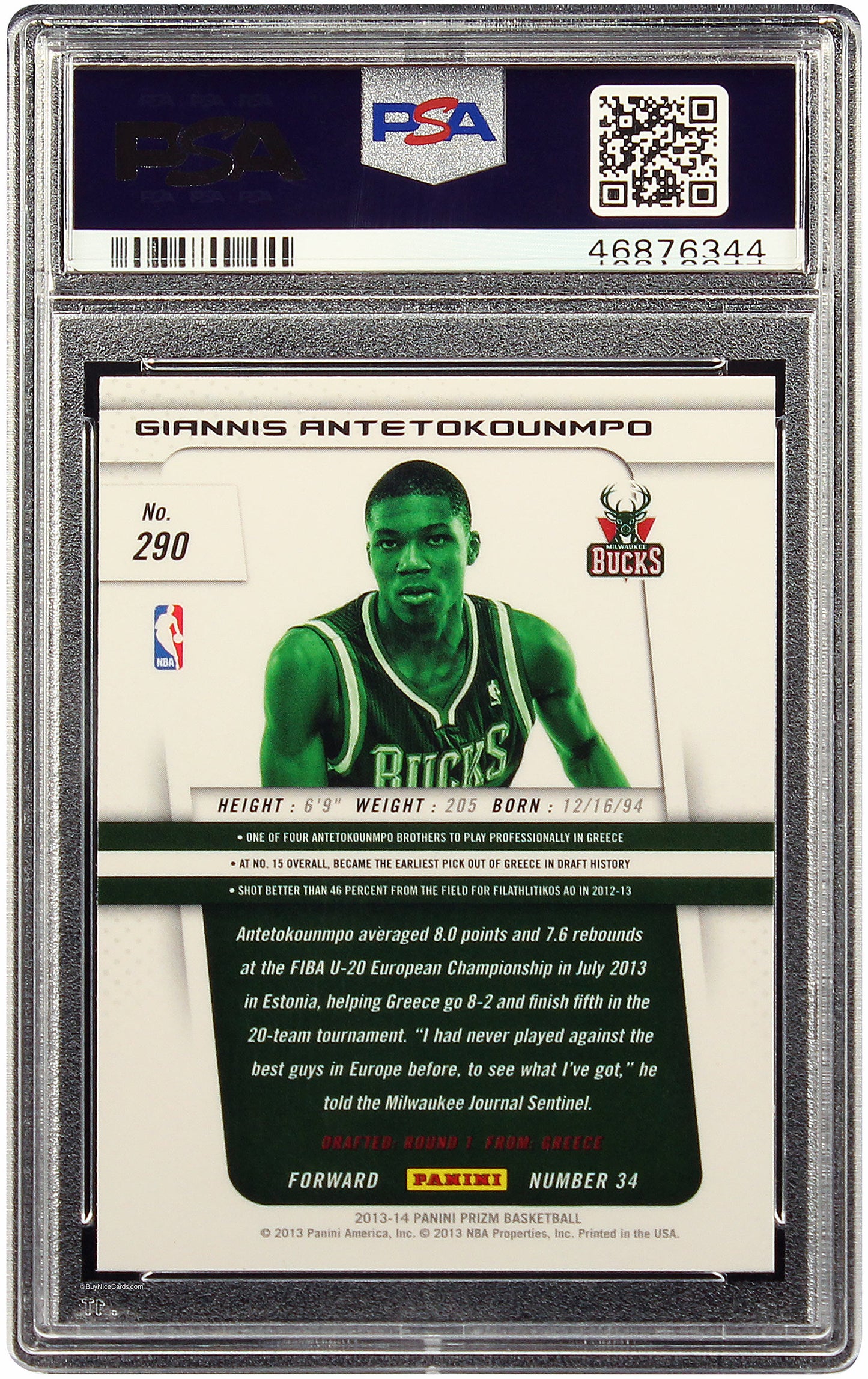 2013 Giannis Antetokounmpo Panini Prizm Base RC Rookie #290 PSA 10 Gem Mint