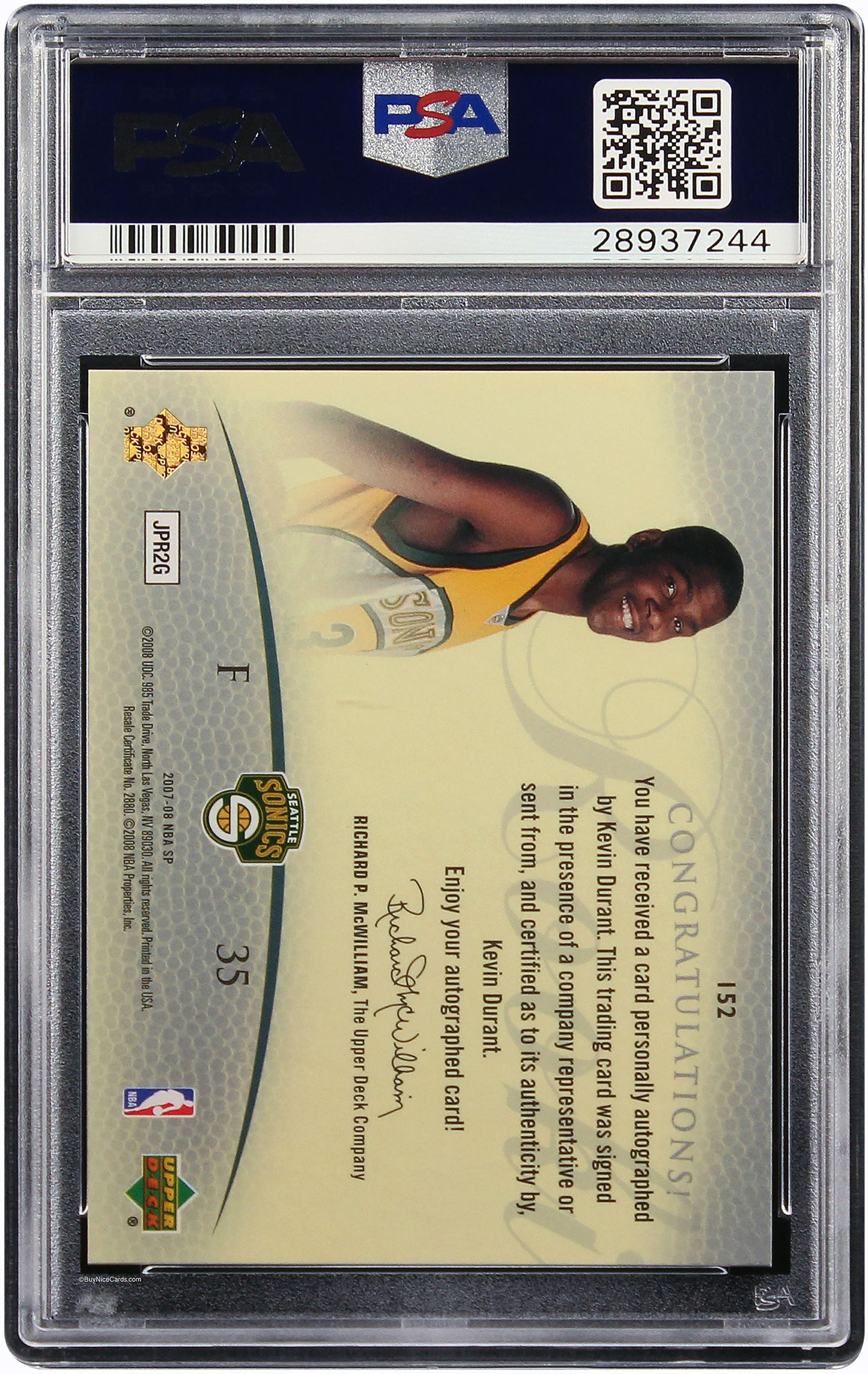 2007 Kevin Durant Upper Deck SP Authentic RC Rookie Auto /399 # 152 PSA 10 Pop12