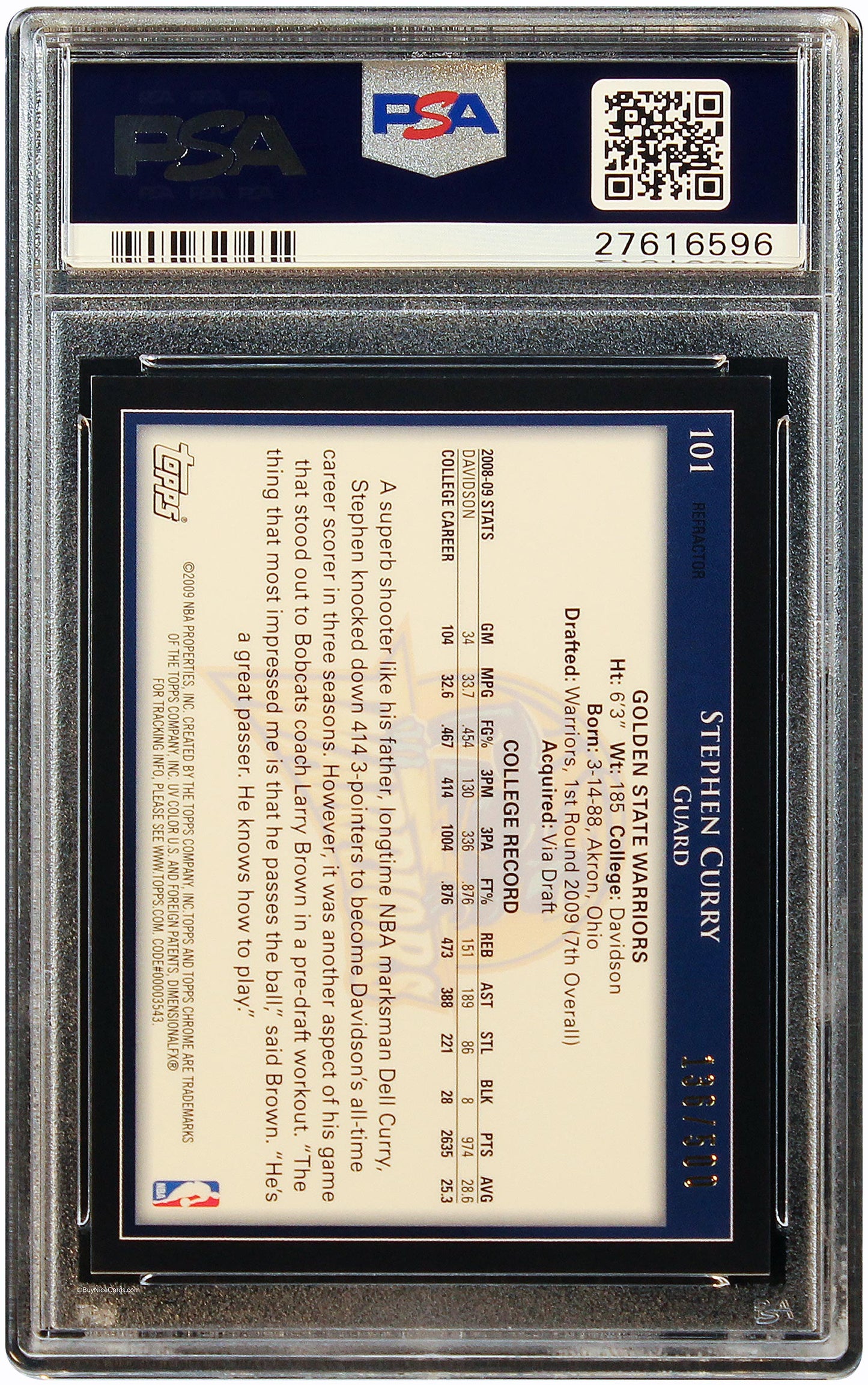 2009 Stephen Curry Topps Chrome Refractor RC Rookie #101 PSA 10 Gem Mint