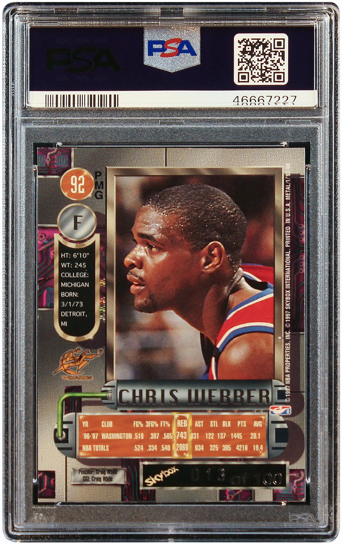 1997 Chris Webber Fleer Metal Universe PMG Precious Metal Gems Red /100 PSA 4.