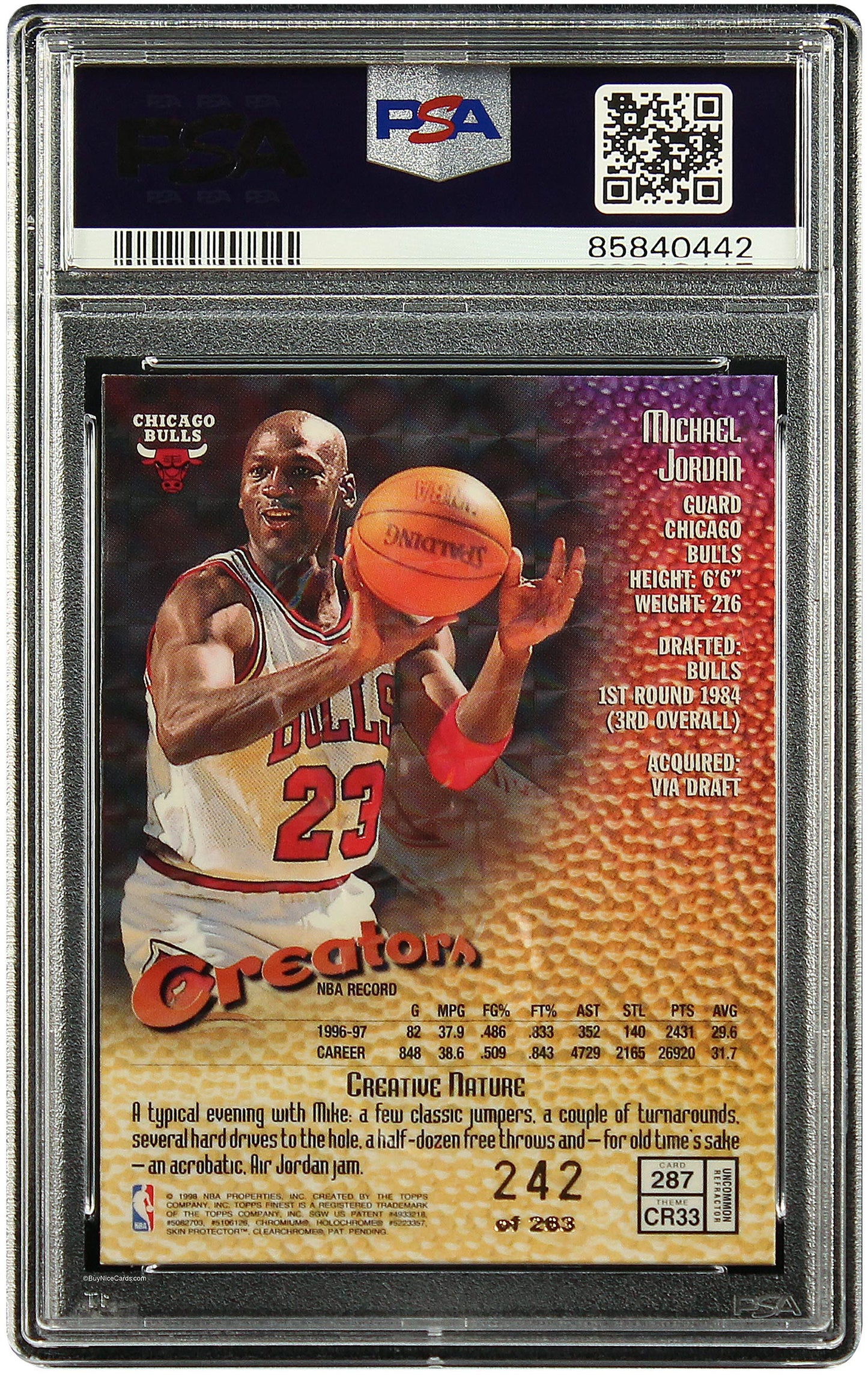 1997 Michael Jordan Topps Finest Embossed Refractor /263 #287 PSA 10 Gem Mint