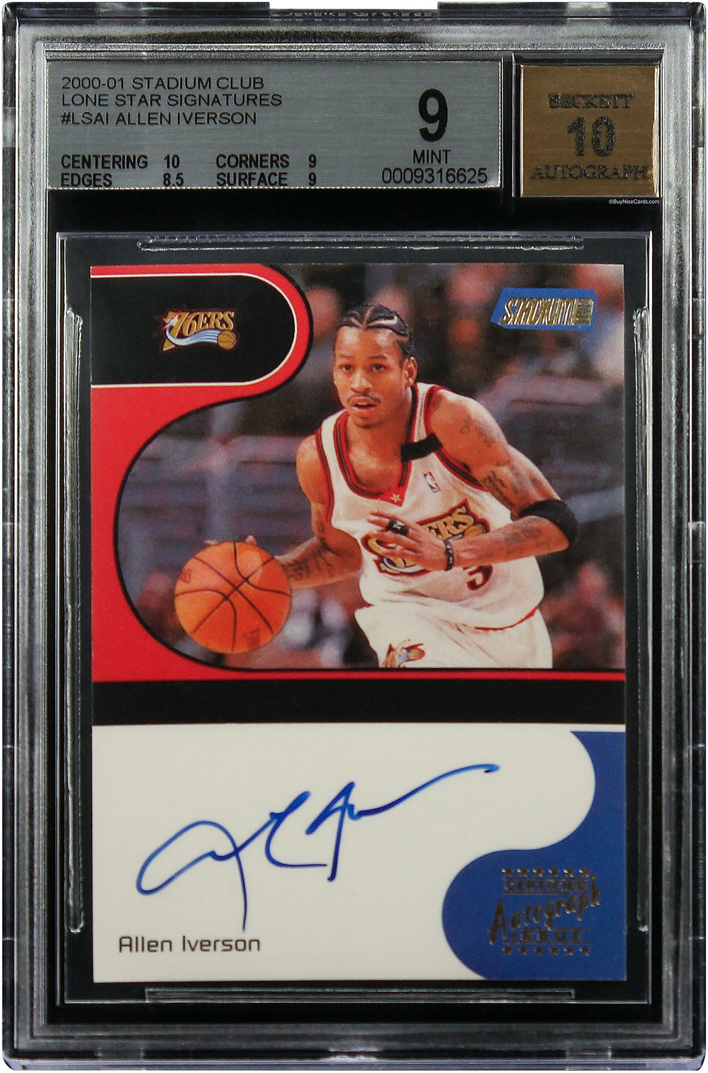 2000 Allen Iverson Topps Stadium Club Lone Star Signatures SP Auto #LSAI BGS 9
