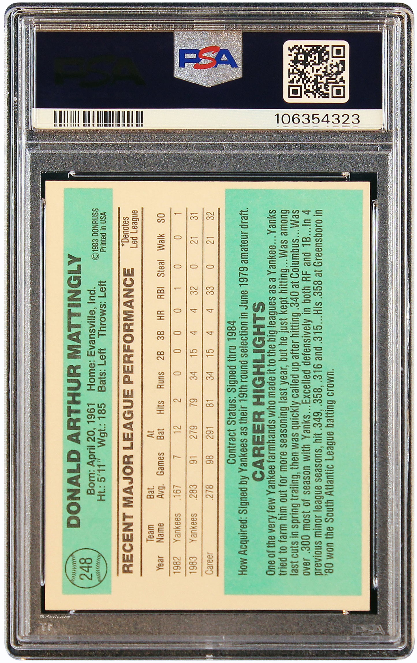 1984 Don Mattingly Donruss RC Rookie #248 PSA 6 EX-MT