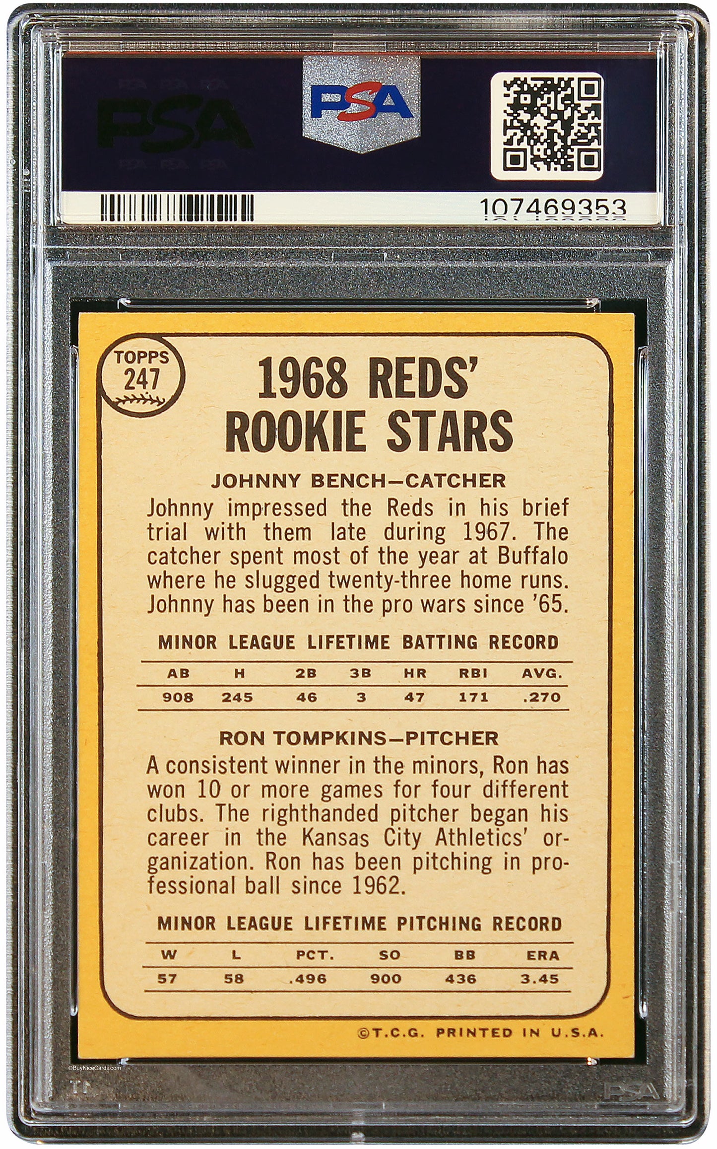 1968 Johnny Bench Ron Tompkins Topps RC Rookie Stars #247 PSA 7 NM