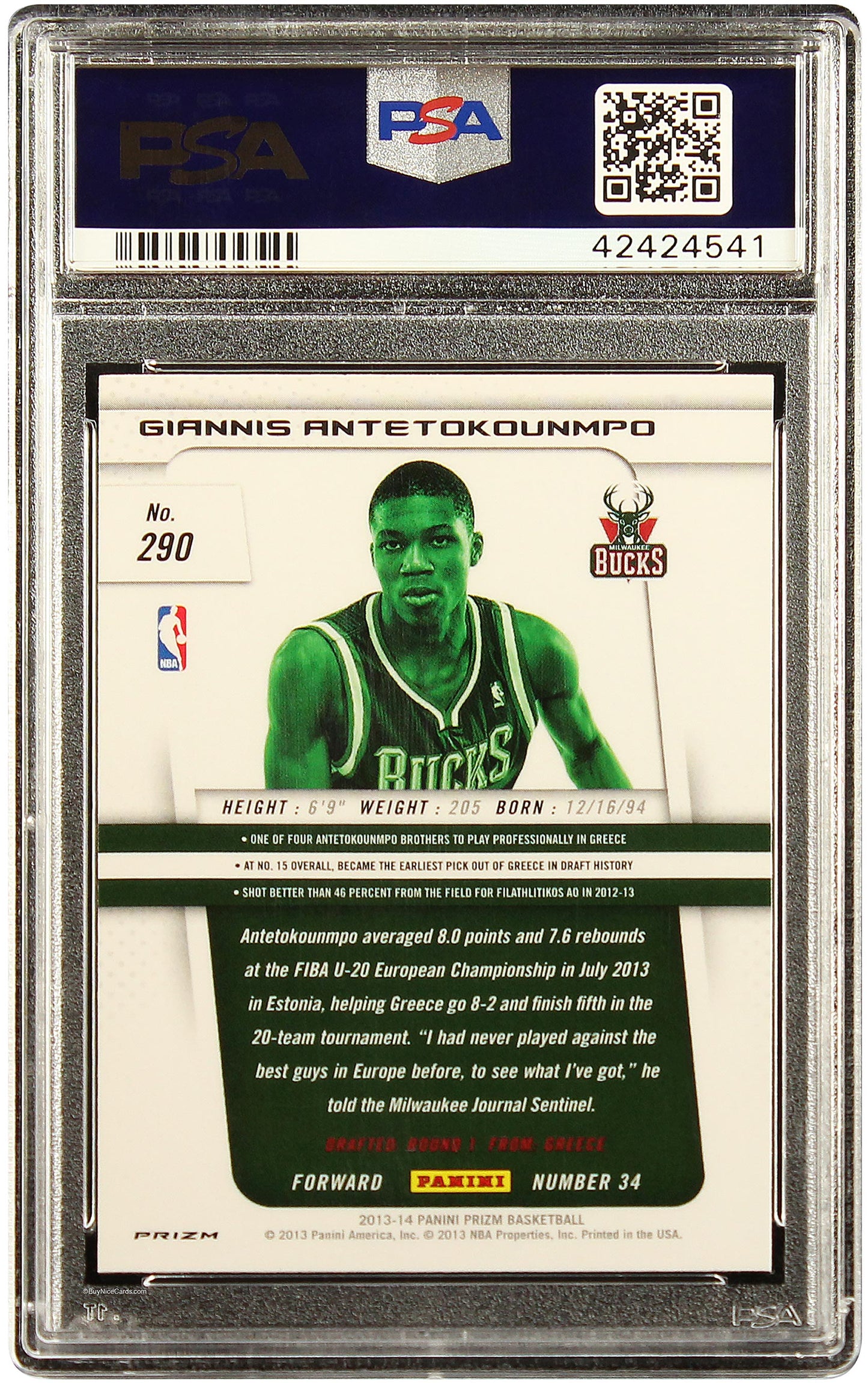 2013 Giannis Antetokounmpo Panini Prizm Silver Prizms SP RC Rookie #290 PSA 10 Gem Mint