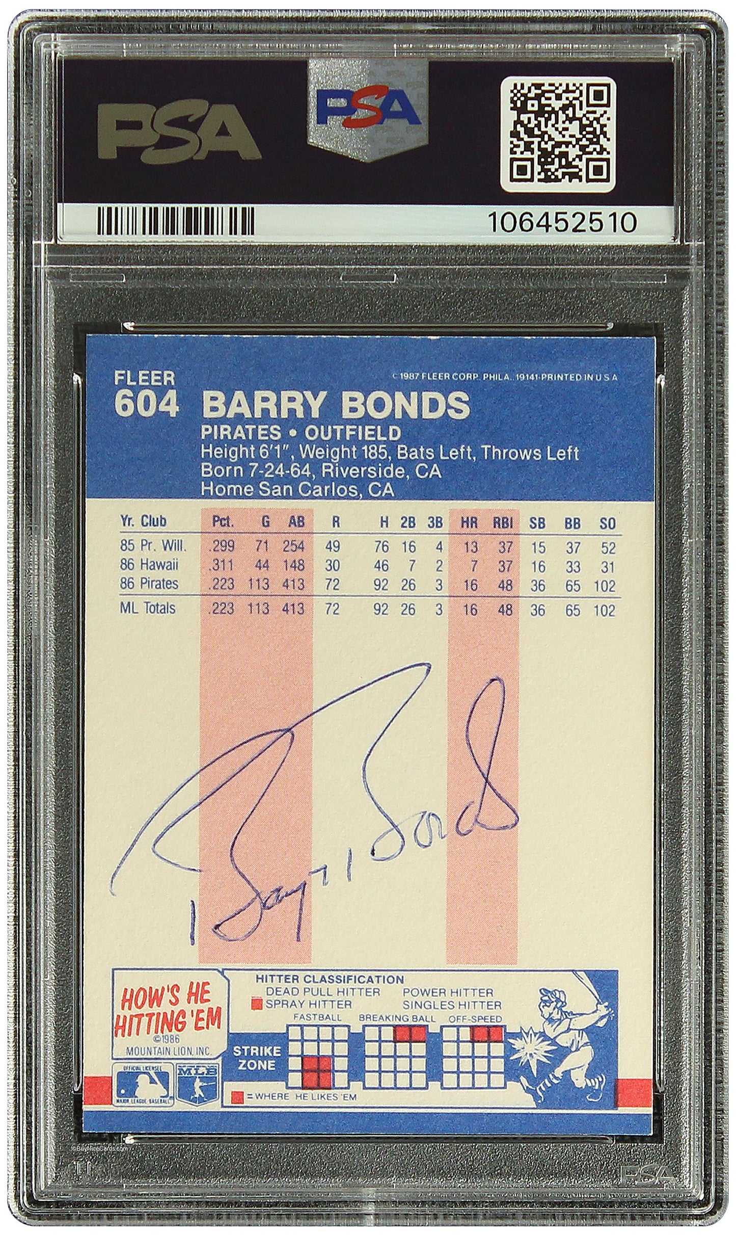 1999 Barry Bonds Fleer RC Rookie Auto Early Signature on Back #604 PSA Authentic