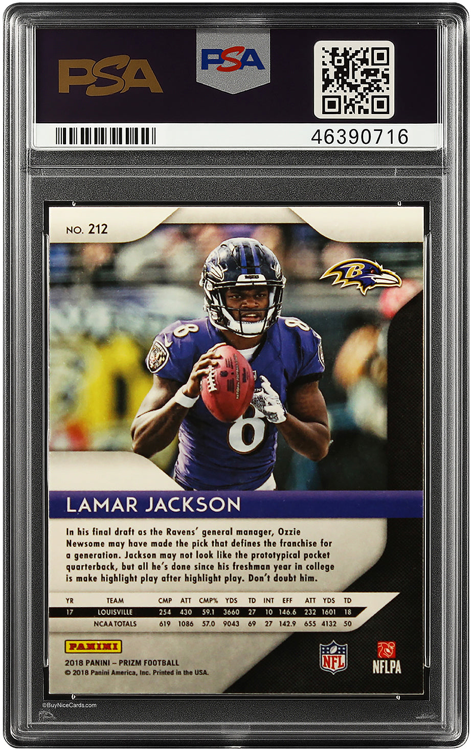2018 Lamar Jackson Panini Prizm Base RC Rookie # 212 PSA 10 Gem Mint