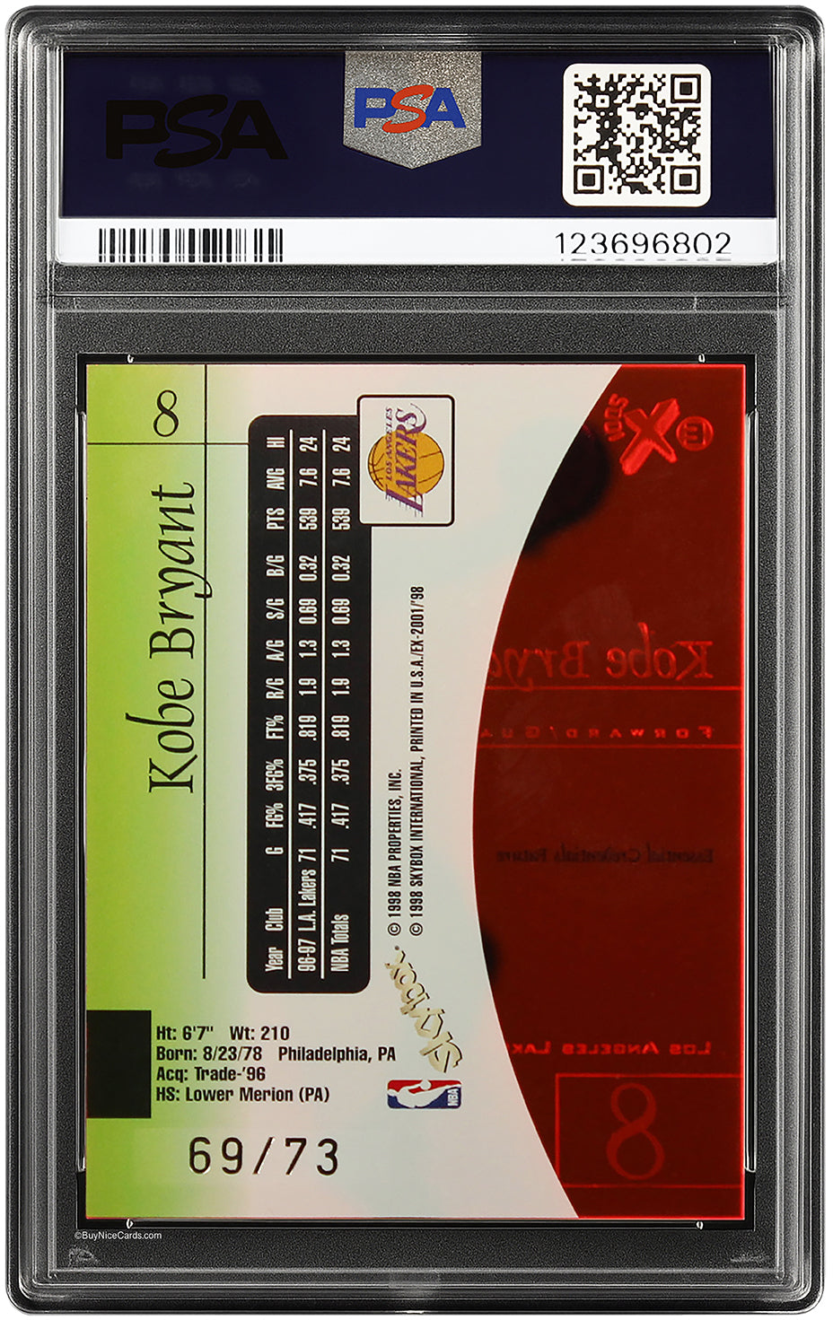 1997 Kobe Bryant Skybox E-X2001 Essential Credentials Future #8 /73 PSA 6