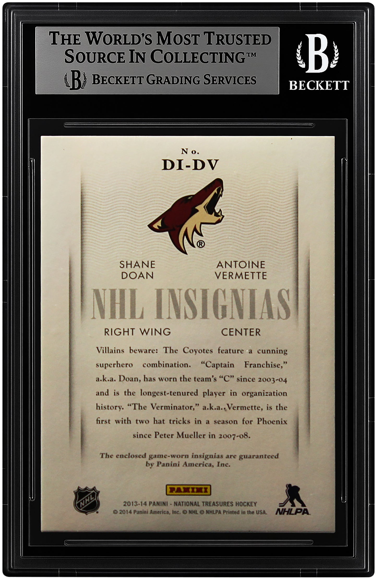 2013-14 Shane Doan - Antoine Vermette Panini National Treasures NHL Insignia 1/1 Dual Shield BGS 9