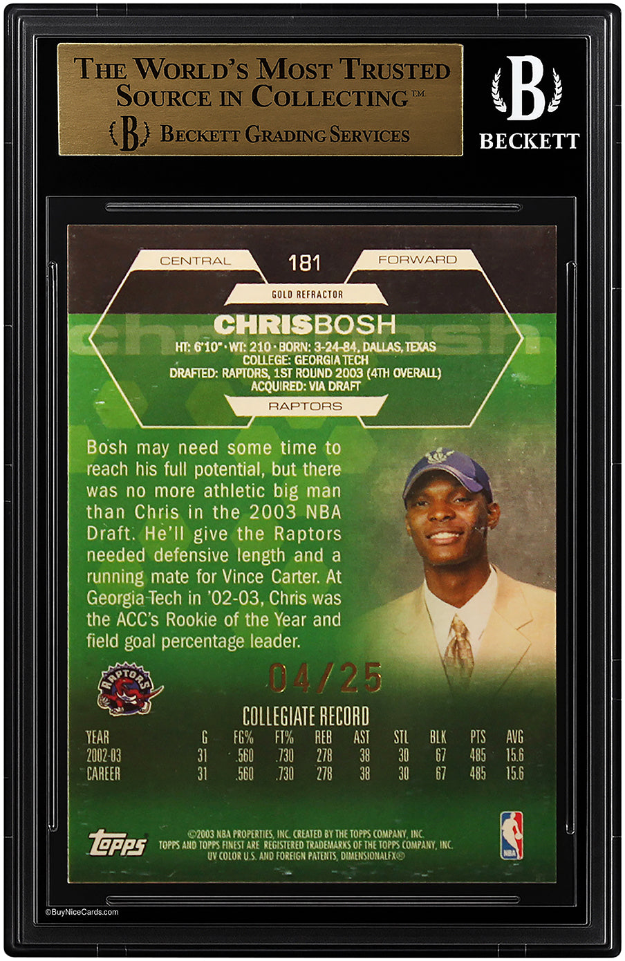 2002-03 Chris Bosh Topps Finest Gold Refractor XRC Jersey Numbers 4/25 BGS 9.5 Gem Mint