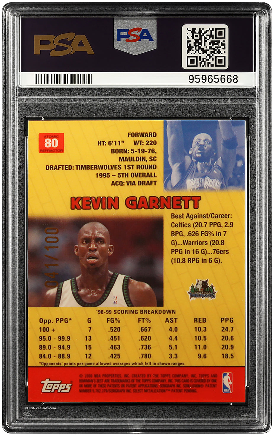 1999 Kevin Garnett Bowman's Best Atomic Refractor SP /100 # 80 PSA 7 NM