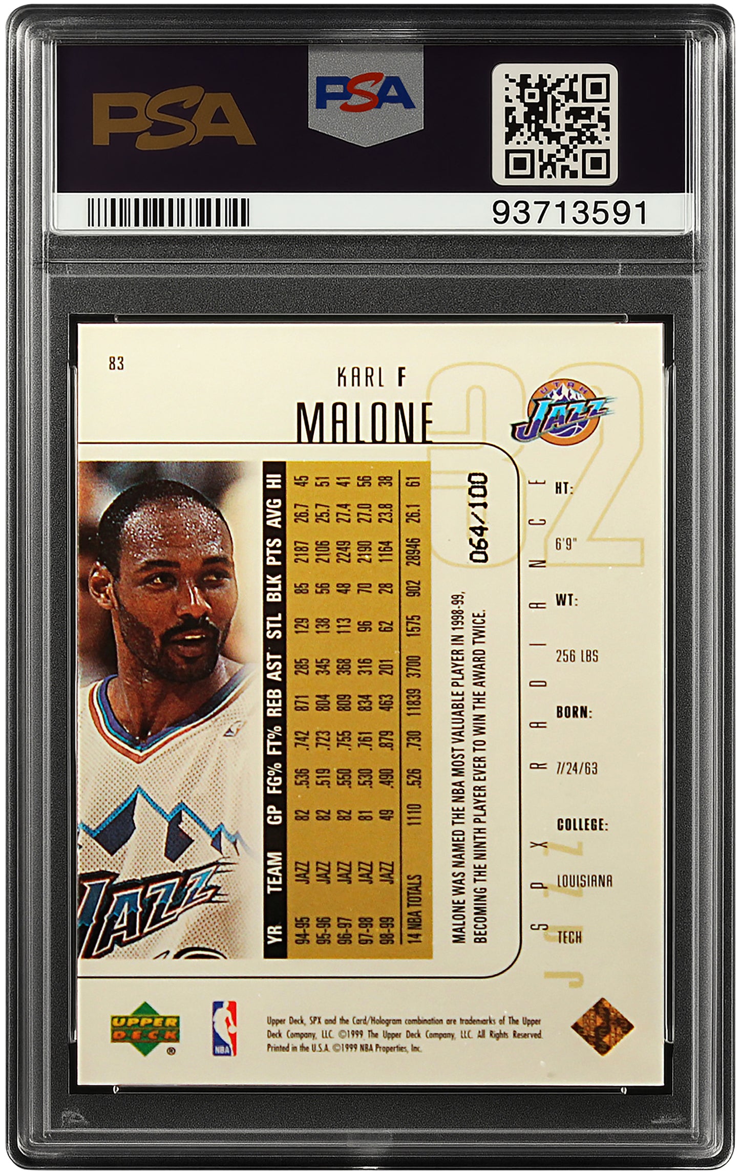 1996 Karl Malone Upper Deck SPx Radiance SP /100 # 83 PSA 9 Pop 2 none Higher