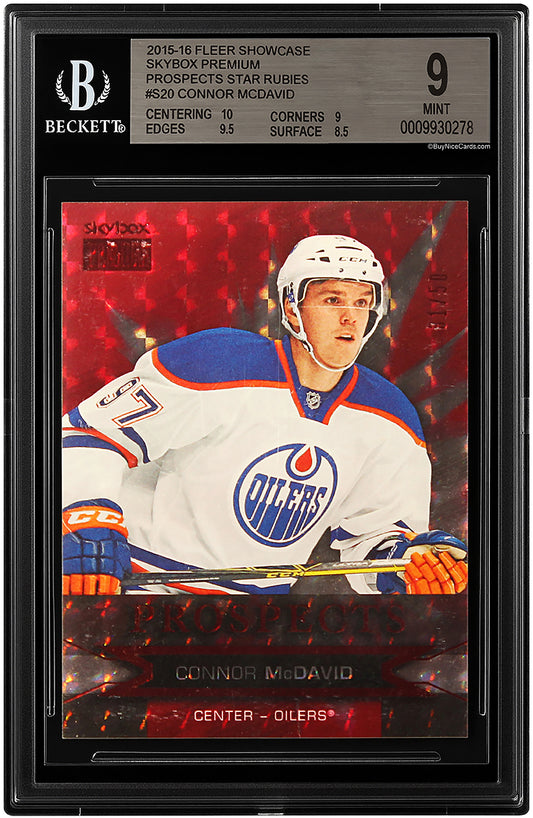 2015 Connor McDavid Fleer Showcase Skybox Premium Star Rubies RC Rookie /50 #S20 BGS 9