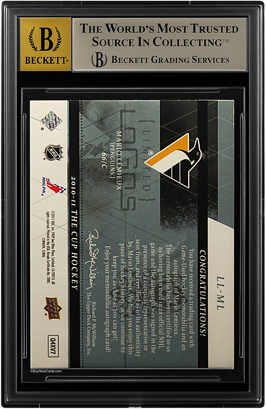2010-11 Mario Lemieux UD The Cup Limited Logos Patch Auto /20 # LLML BGS 8.5 / 10