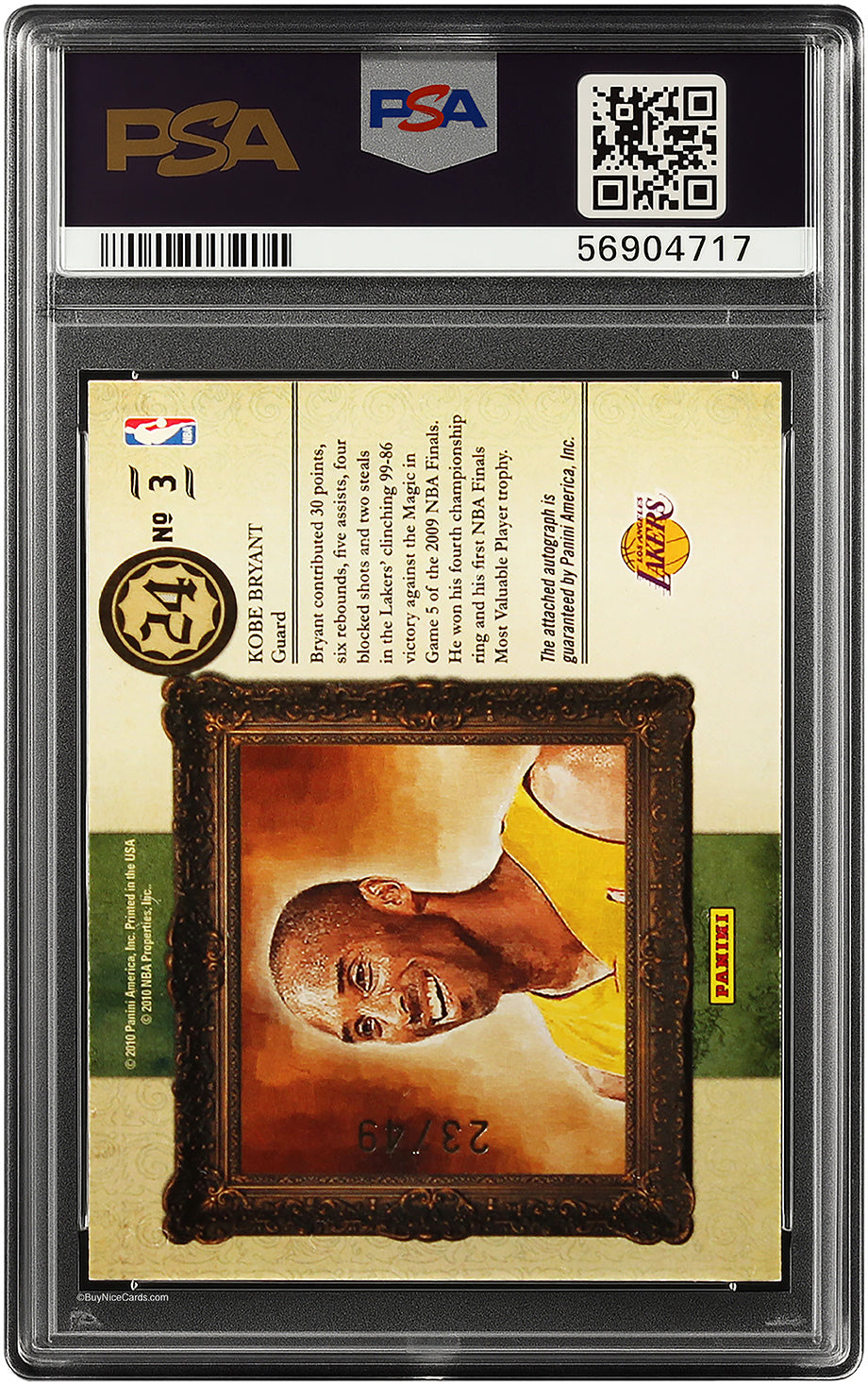 2009 Kobe Bryant Panini Court Kings Portraits Signature SP Auto /49 PSA 8 / 10