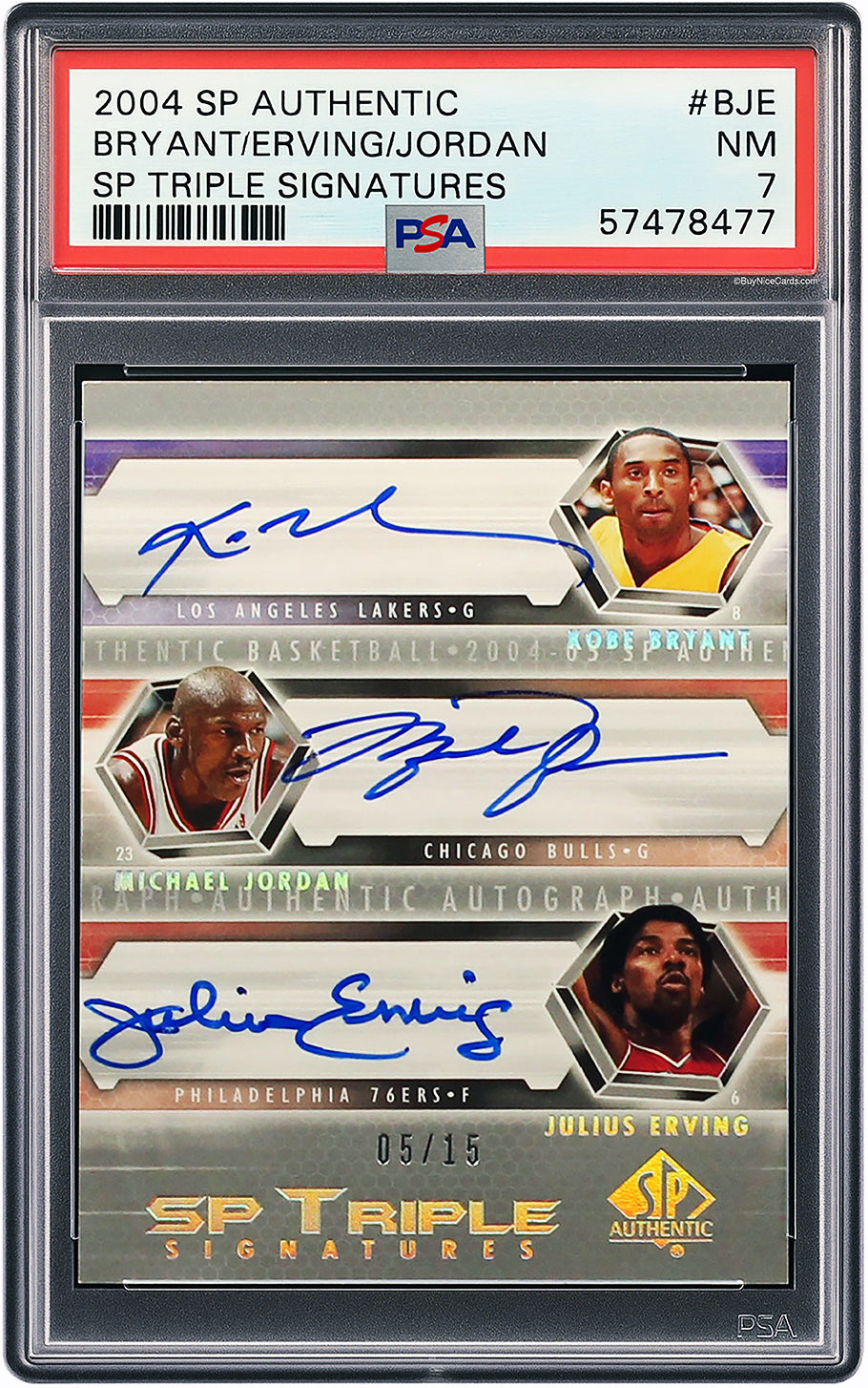 2004 Michael Jordan Kobe Bryant Julius Erving Dr. J UD SP Authentic Triple Auto /15 #BJE PSA 7