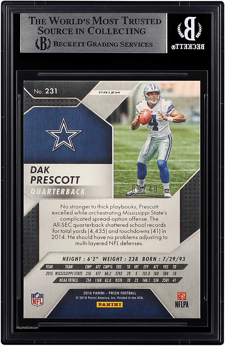 2016 Dak Prescott Panini Prizm Green Power Prizms Xfractor SP RC Rooke /49 #231 BGS 9