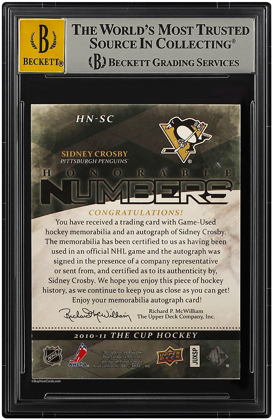 2010-11 Sidney Crosby Upper Deck The Cup Honorable Numbers Auto /87 #HNSC BGS 8 / 10
