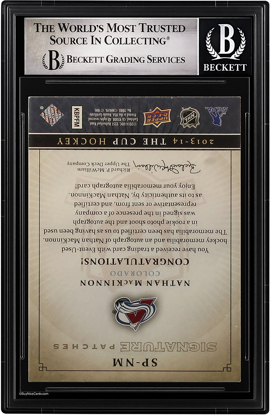 2013-14 Nathan Mackinnon UD The Cup Signature Patches RC Rookie Auto /99 #SPNM BGS 8