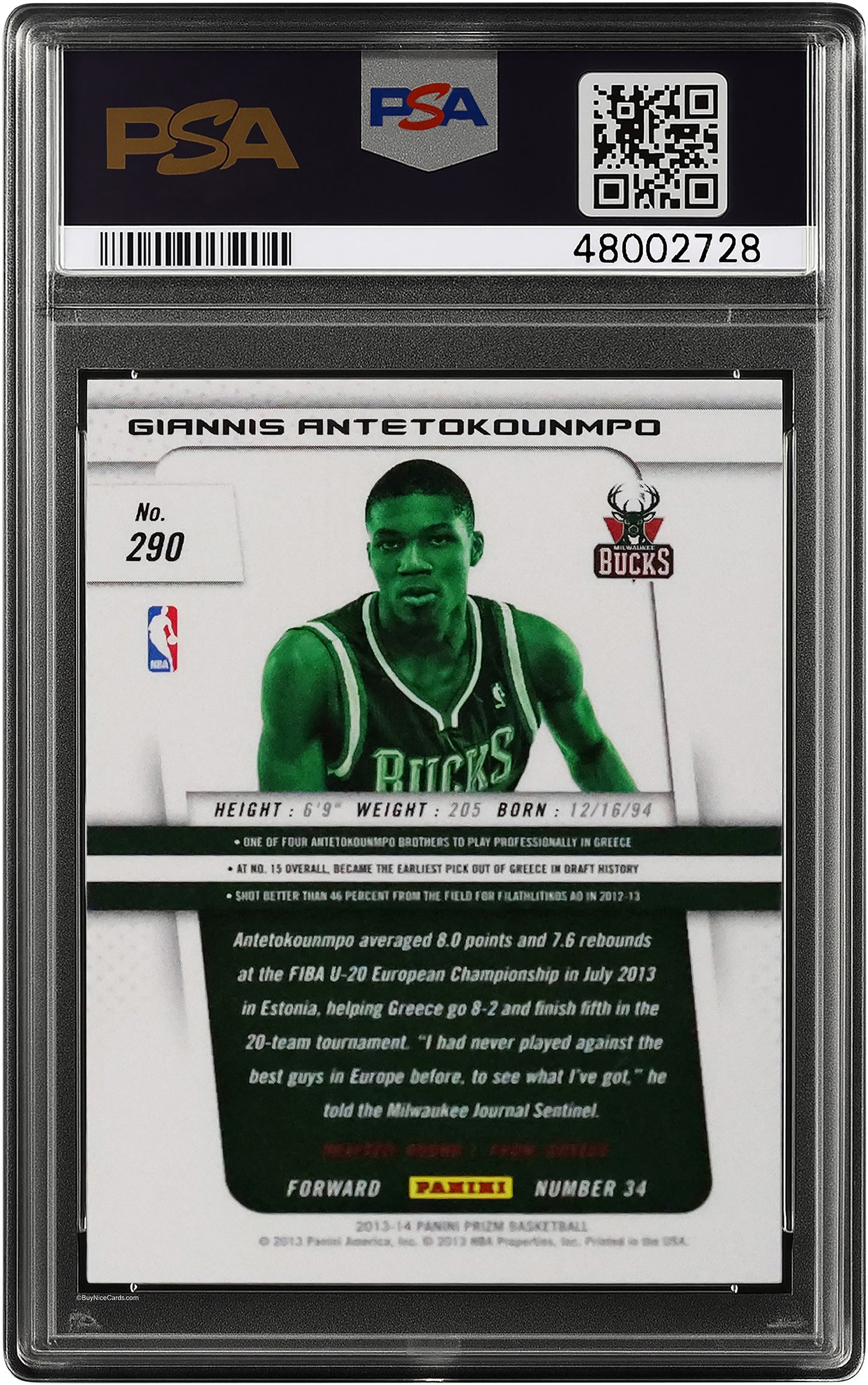 2013 Giannis Antetokounmpo Panini Prizm Base RC Rookie #290 PSA 10 Gem Mint