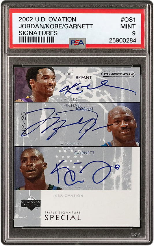 2002 Michael Jordan Kobe Bryant Kevin Garnett UD Ovation Signatures Auto /25 PSA 9