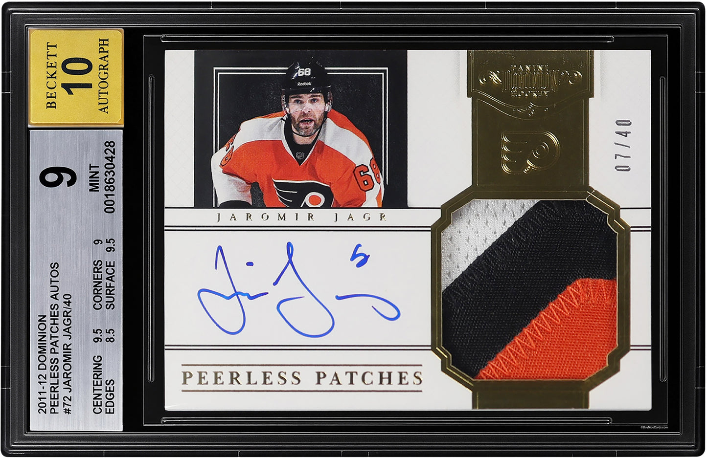 2011-12 Jaromir Jagr Panini Dominion Peerless Patch Auto /40 #72 BGS 9 / 10