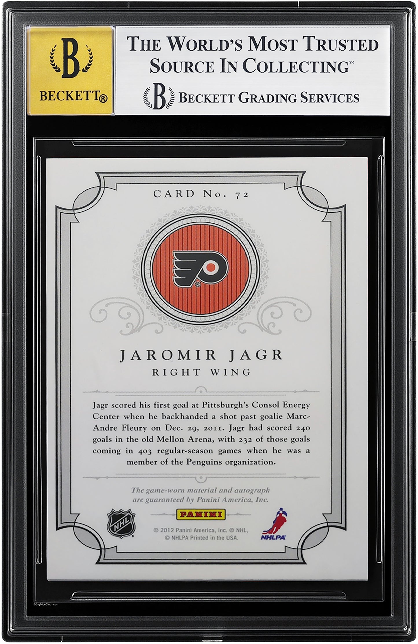 2011-12 Jaromir Jagr Panini Dominion Peerless Patch Auto /40 #72 BGS 9 / 10