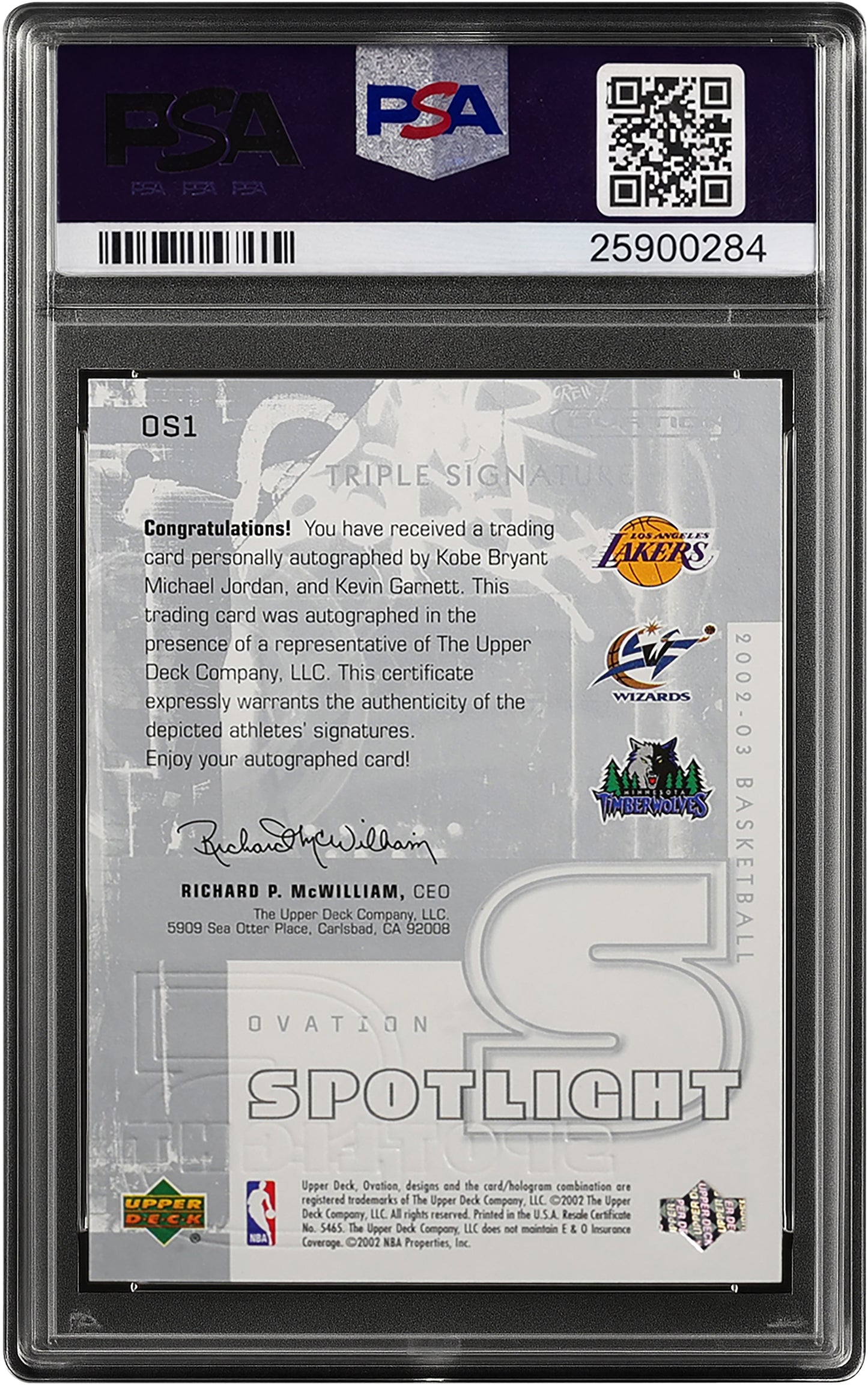 2002 Michael Jordan Kobe Bryant Kevin Garnett UD Ovation Signatures Auto /25 PSA 9