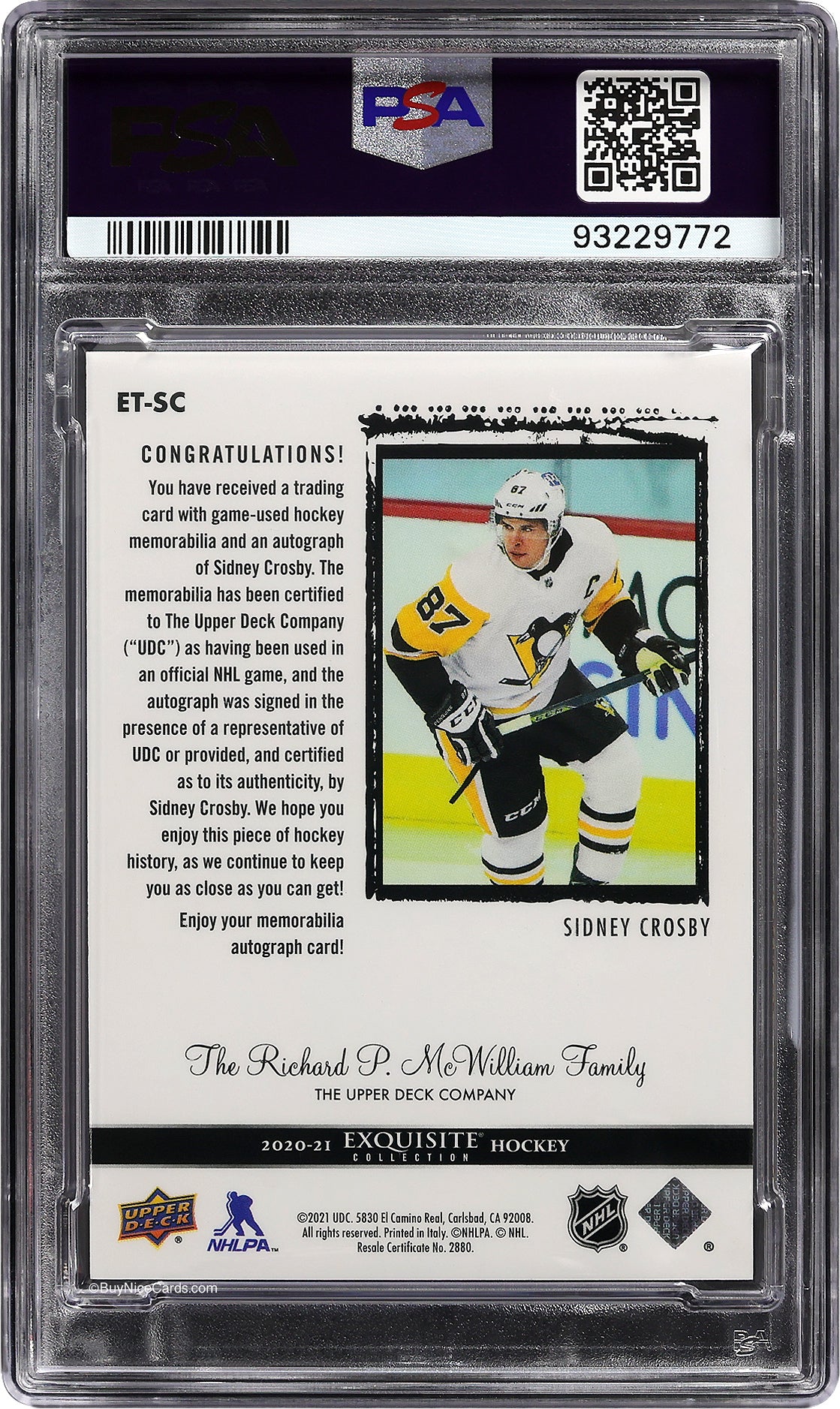 2020 Sidney Crosby UD The Cup Exquisite RC Rookie Tribute Patch Auto /25 PSA 9 / 10