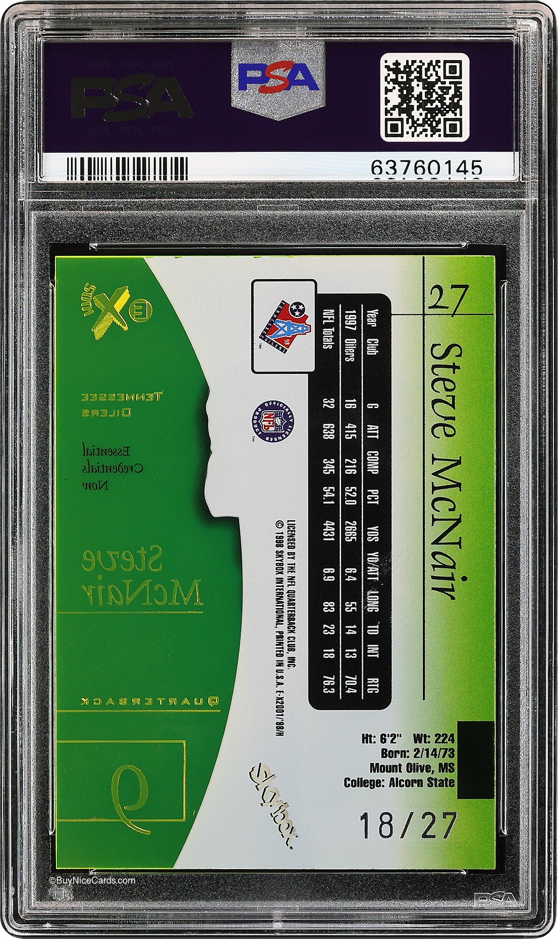 1998 Steve Mcnair Skybox EX-2001 Essential Credentials Now #27 /27 PSA 7