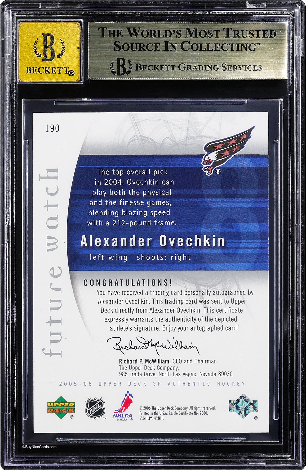 2005-06 Alexander Ovechkin Upper Deck SP Authentic Future Watch RC Rookie Auto /999 #190 BGS 9.5 True Gem+