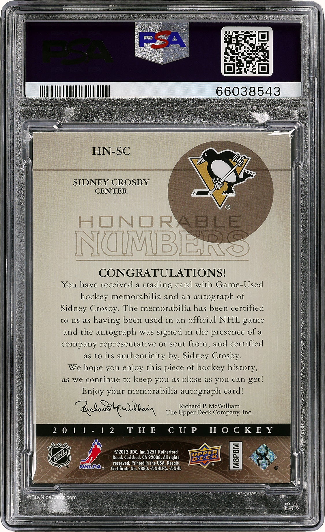 2011 Sidney Crosby UD The Cup Honorable Numbers Dual Patch Auto /87 #HN-SC PSA 8