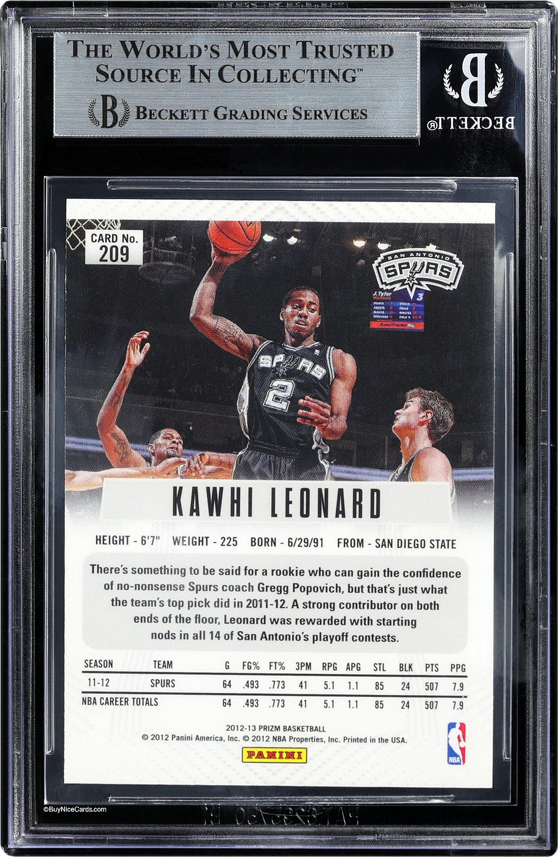 2012-13 Kawhi Leonard Panini Prizm Base RC Rookie #209 BGS 9 - .5 from BGS 9.5