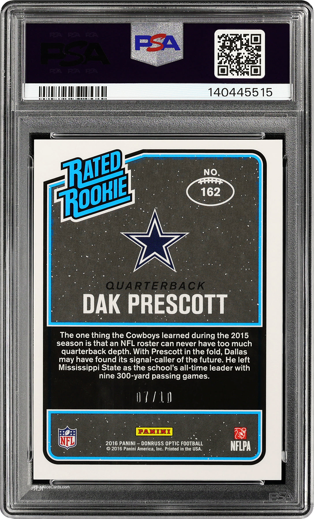 2016 Dak Prescott Panini Donruss Optic Gold Rated Rookie RC /10 #162 PSA 7 NM