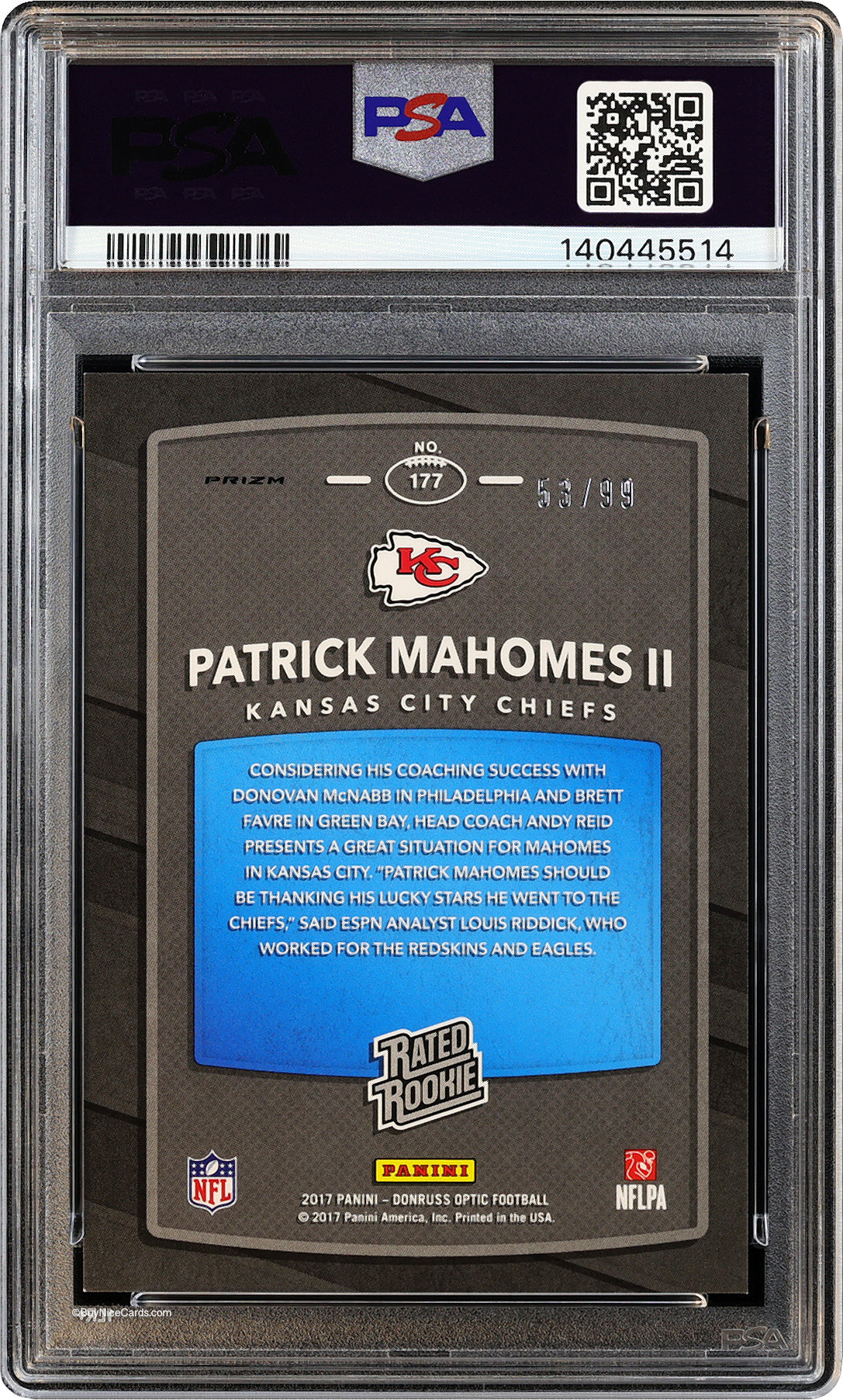 2017 Patrick Mahomes Panini Donruss Optic Red RC Rookie /99 #177 PSA 8 NM-MT