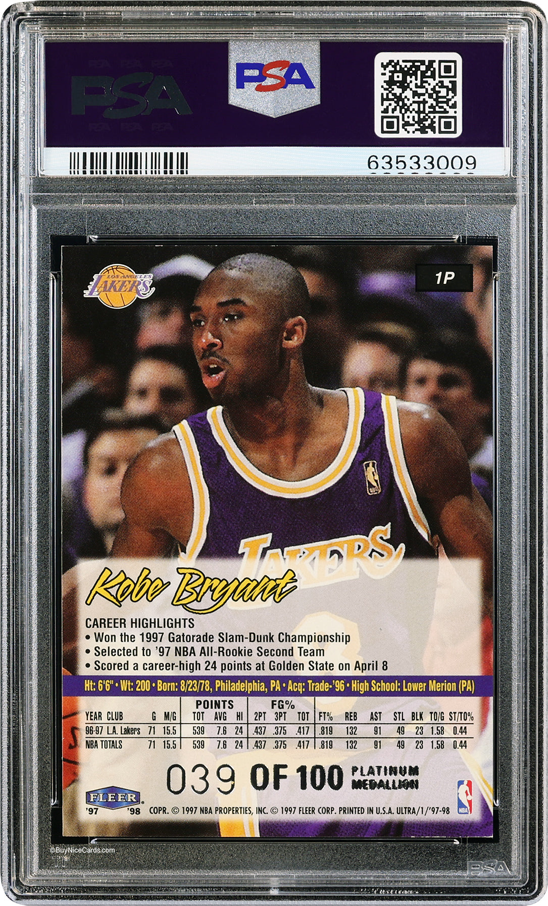 1997 Kobe Bryant Fleer Ultra Platinum Medallion /100 #1P PSA 8 NM-MT