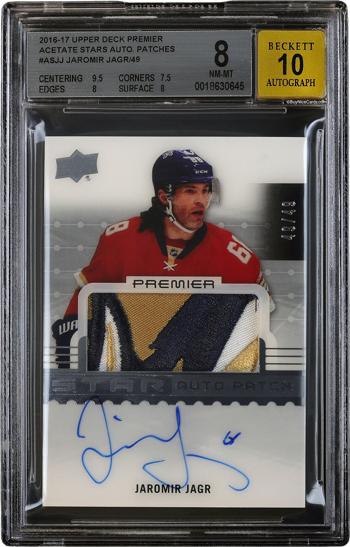 2016-17 Jaromir Jagr Upper Deck Premier Acetate Stars Patch Auto /49 BGS 8 / 10