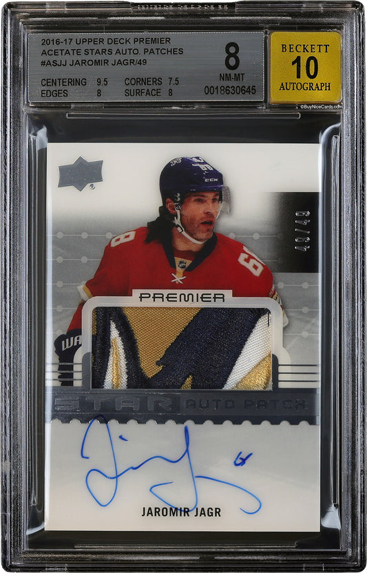 2016-17 Jaromir Jagr Upper Deck Premier Acetate Stars Patch Auto /49 BGS 8 / 10
