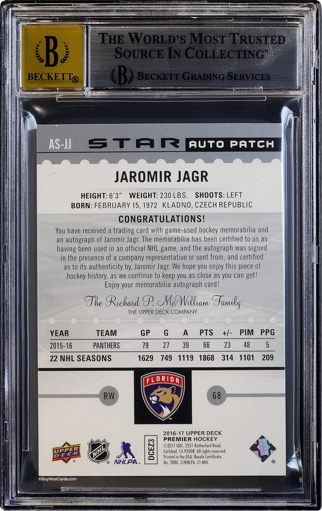 2016-17 Jaromir Jagr Upper Deck Premier Acetate Stars Patch Auto /49 BGS 8 / 10