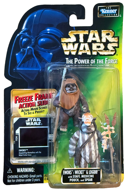 1997 Ewoks Wicket & Logray Kenner Star Wars Action Figures Power of The Force Freeze Frame POFT2 MOC