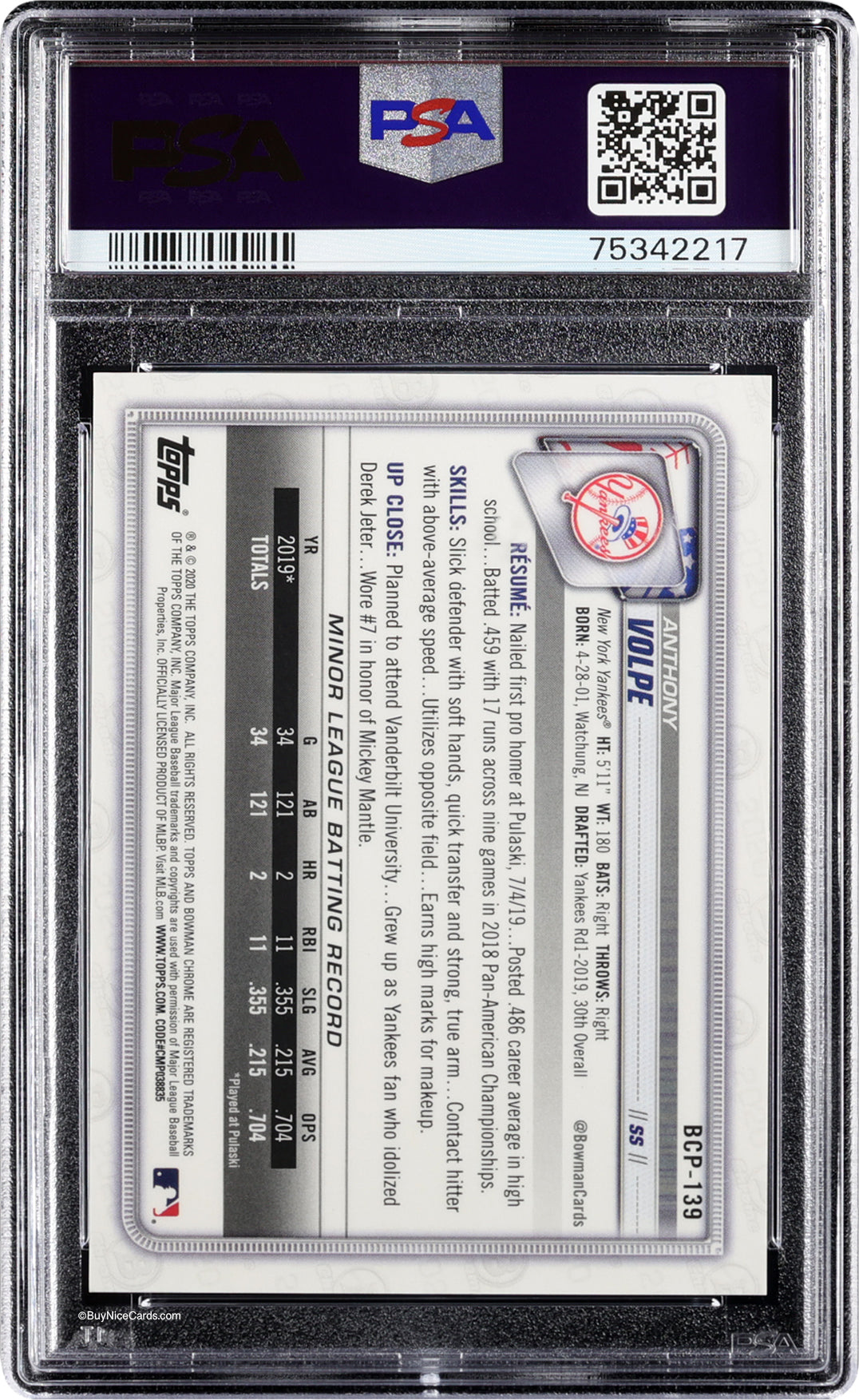 2020 Anthony Volpe Bowman Chrome Green Refractor RC Rookie #BCP139 PSA 10 Gem Mint