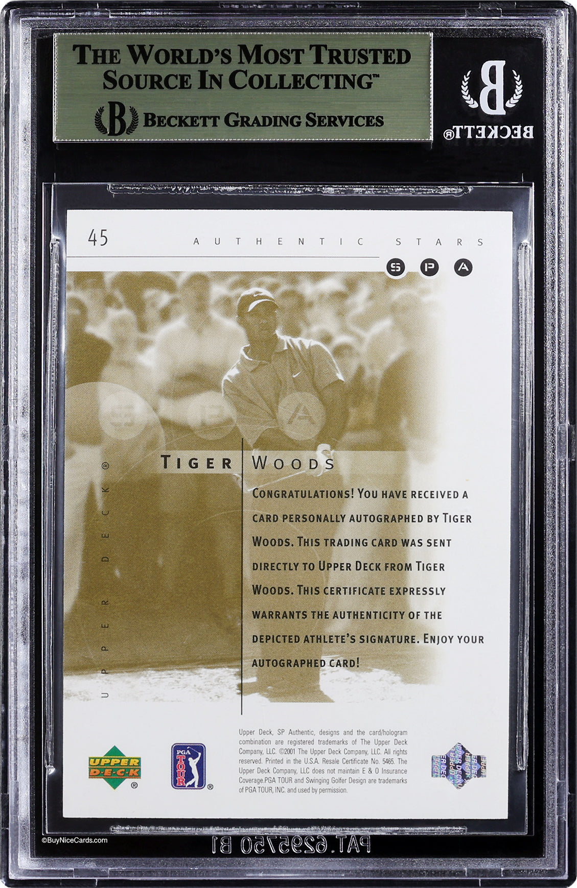 2001 Tiger Woods Upper Deck SP Authentic Gold RC Rookie /100 #45 BGS 9.5 Gem Mint
