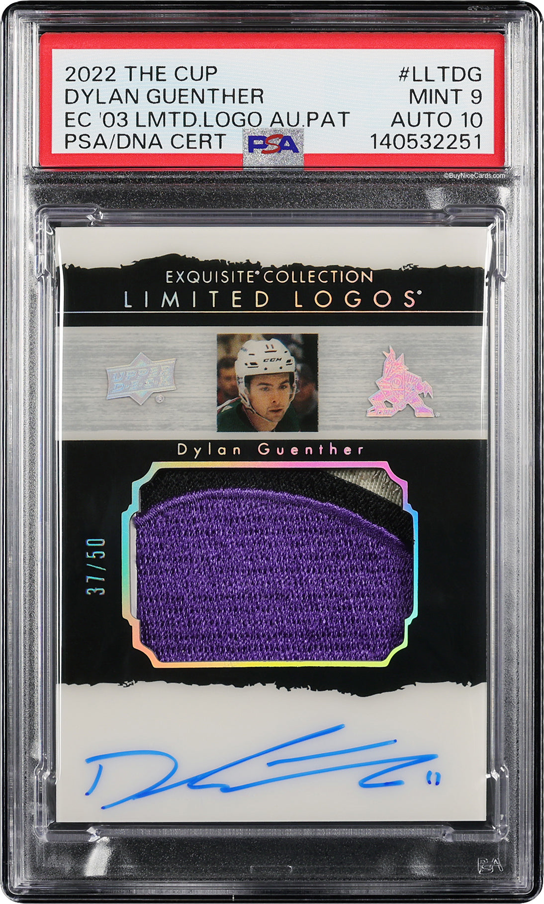 2022 Dylan Guenther Upper Deck The Cup Limited Logos RC Rookie Patch Auto / 50 PSA 9 / 10