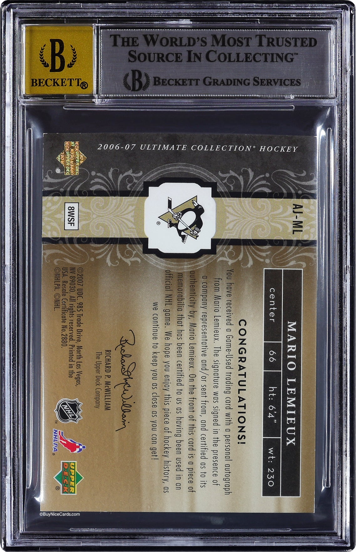 2006-07 Mario Lemieux Upper Deck Ultimate Collection Jersey Patch Auto /25 #AJML BGS 8.5