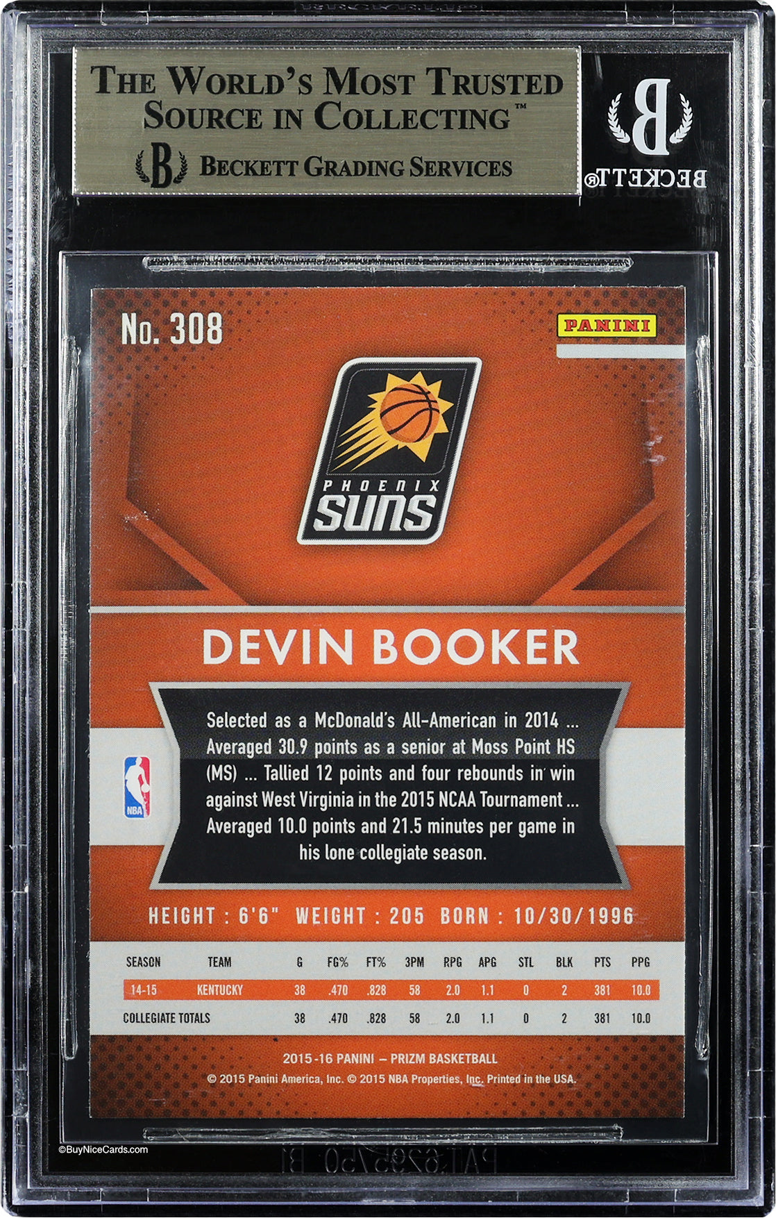 2015-16 Devin Booker Panini Prizm Base RC Rookie #308 BGS 9.5 em Mint