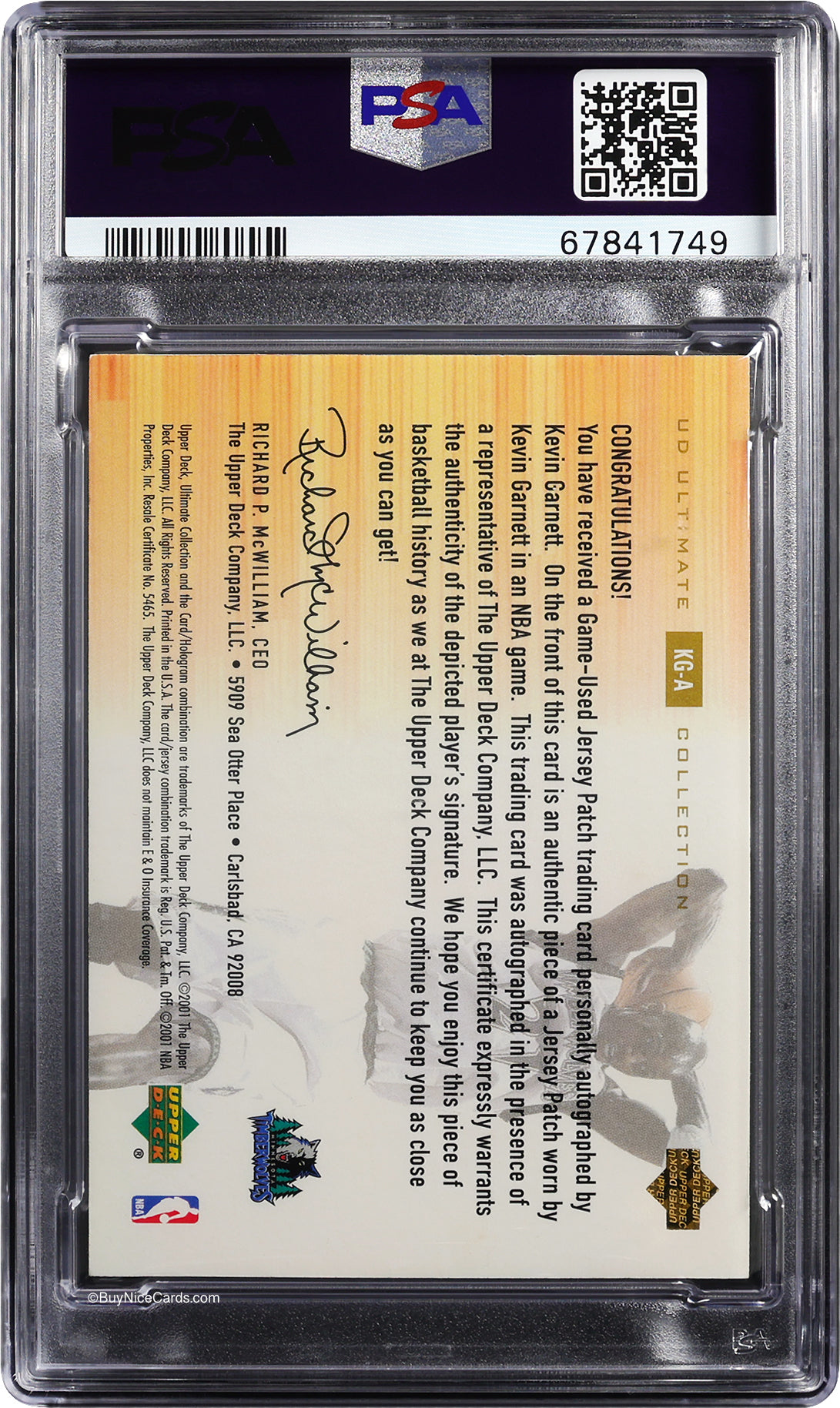 2000 Kevin Garnett Upper Deck Ultimate Collection Game Jersey Patch Auto /21 PSA 9 Pop 2