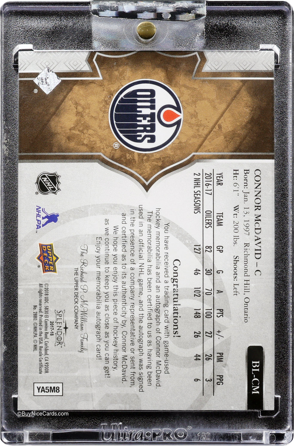 2018 Connor McDavid Upper Deck Splendor Bordeless Game Used Patch Auto /5